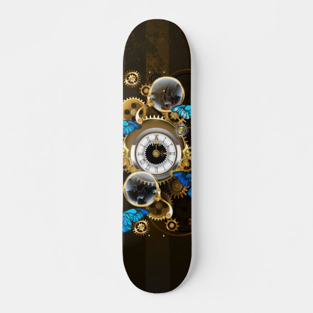 Steampunkgeere und blaue Schmetterlinge Skateboard (Vorne)
