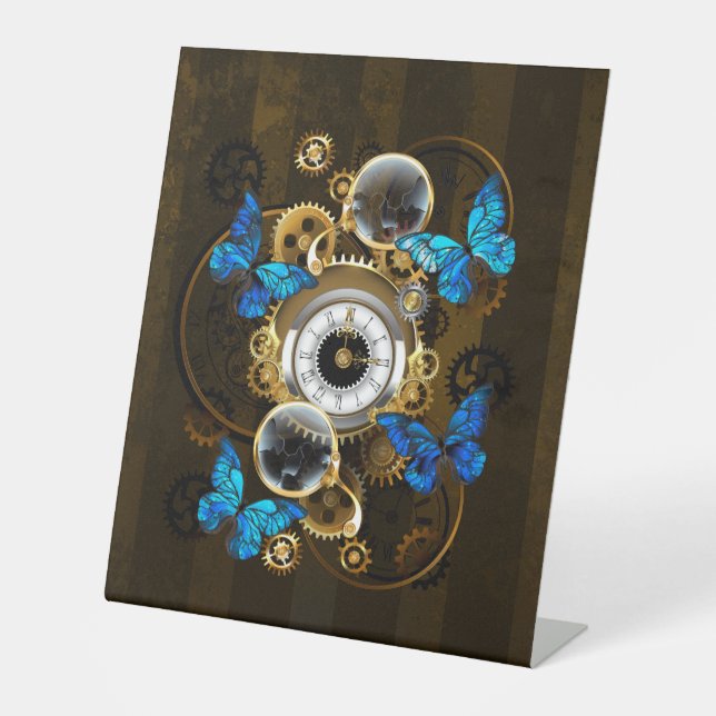Steampunkgeere und blaue Schmetterlinge Sockelschild (Vorderseite)