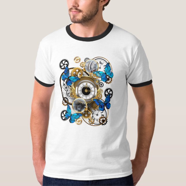 Steampunkgeere und blaue Schmetterlinge T-Shirt (Vorderseite)