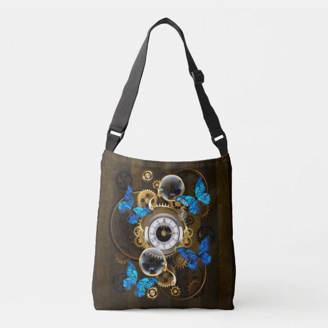 Steampunkgeere und blaue Schmetterlinge Tragetaschen Mit Langen Trägern (Vorderseite)