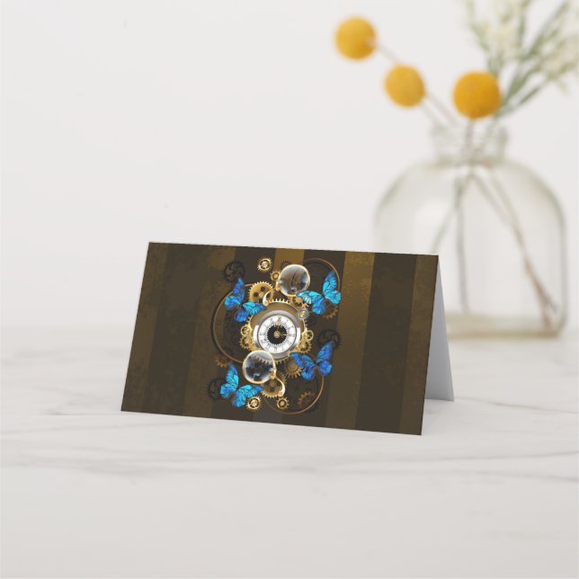 Steampunkgeere und blaue Schmetterlinge Treuekarte (Vorderseite)