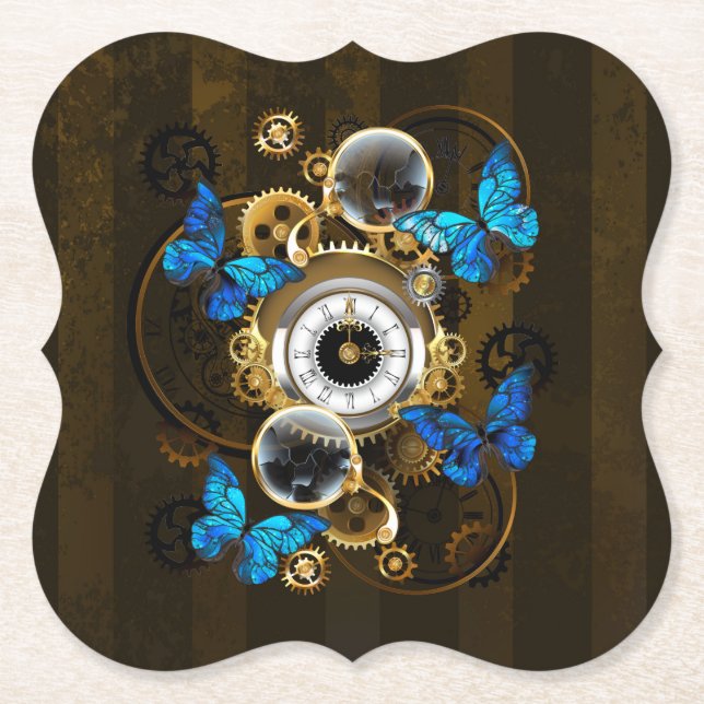 Steampunkgeere und blaue Schmetterlinge Untersetzer (Vorderseite)