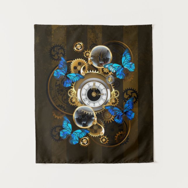 Steampunkgeere und blaue Schmetterlinge Wandteppich (Vorderseite)