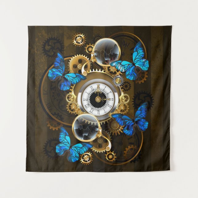 Steampunkgeere und blaue Schmetterlinge Wandteppich (Vorderseite)