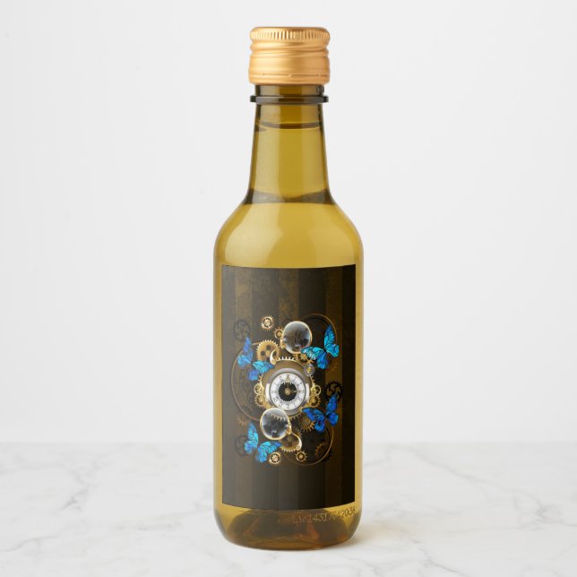 Steampunkgeere und blaue Schmetterlinge Weinetikett (Vorderseite)