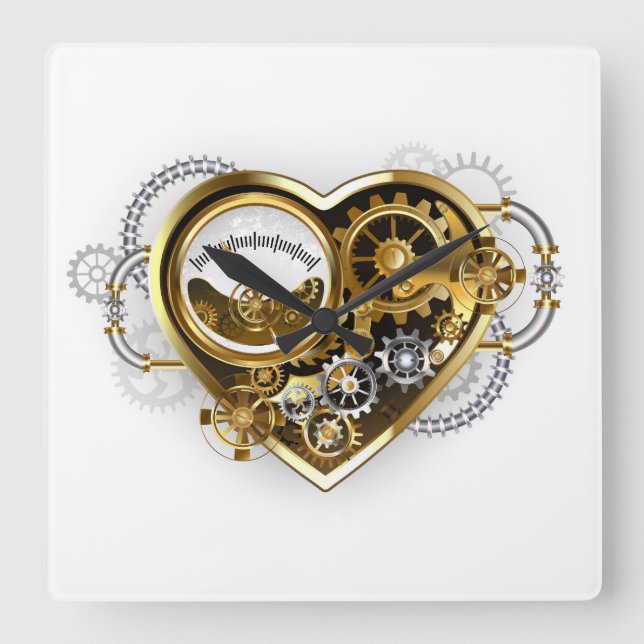 Steampunkherz mit Manometer Quadratische Wanduhr (Vorderseite)