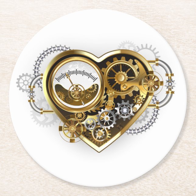 Steampunkherz mit Manometer Runder Pappuntersetzer (Vorderseite)