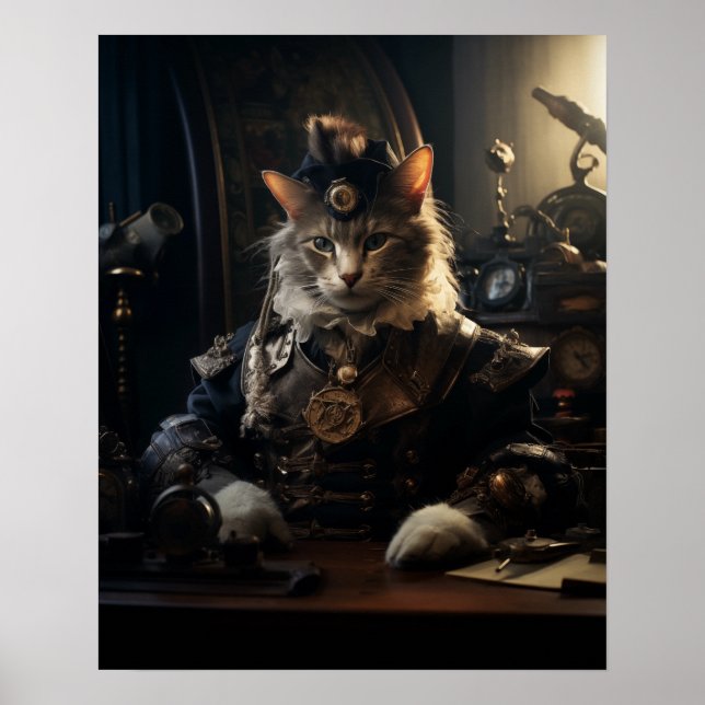 Steampunkkatze in Uniform Retro Poster (Vorne)