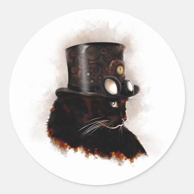 Steampunkkatze Runder Aufkleber (Vorderseite)