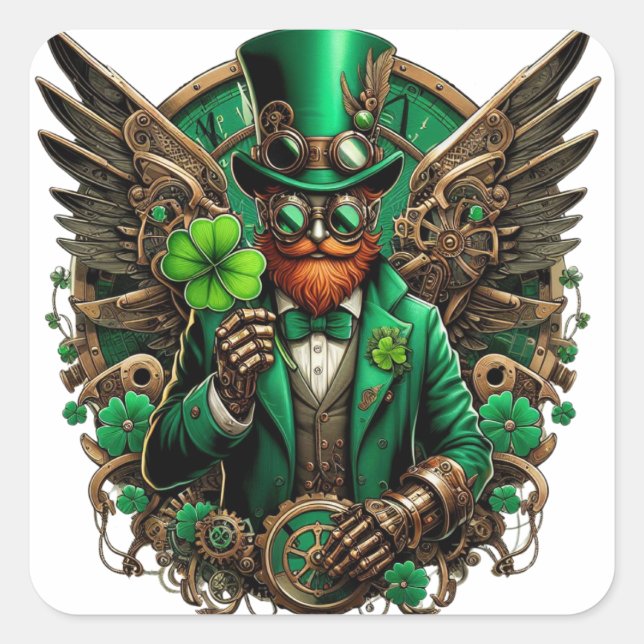 Steampunkklee am St. Patrick's Day Quadratischer Aufkleber (Vorderseite)