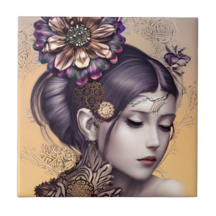 SteampunkPrinzessin mit kugelfarbener Blume Fliese