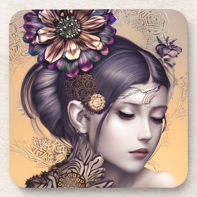 SteampunkPrinzessin mit kugelfarbener Blume Getränkeuntersetzer (Vorderseite)