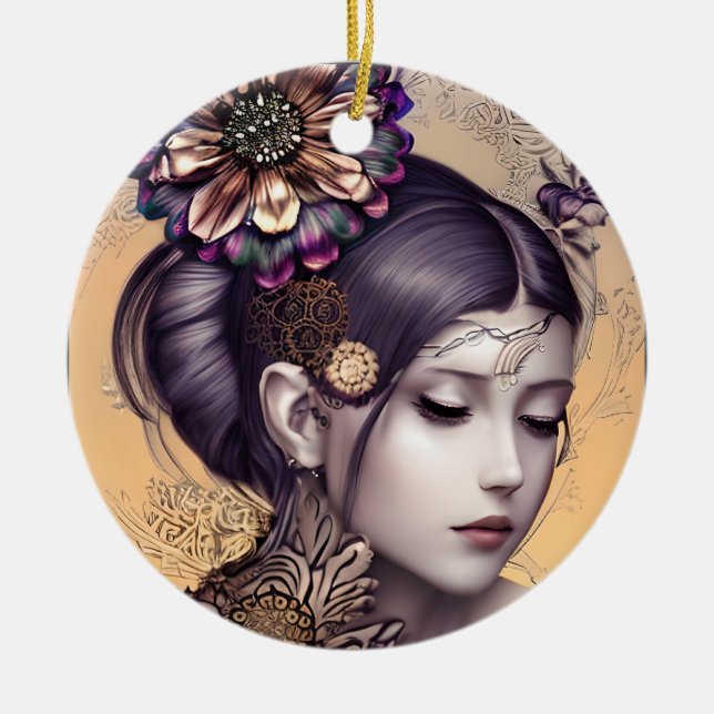 SteampunkPrinzessin mit kugelfarbener Blume Keramik Ornament (Vorne)