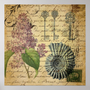 Steampunkschlüssel, französisch botanisch lila lil poster