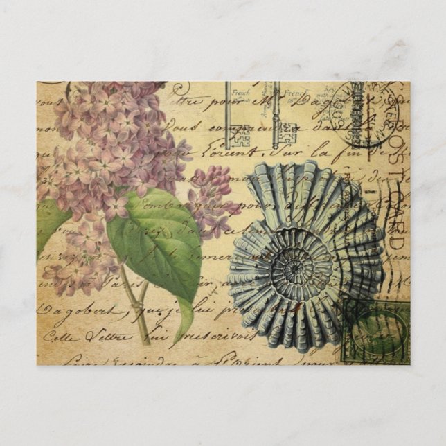 Steampunkschlüssel, französisch botanisch lila lil postkarte (Vorderseite)