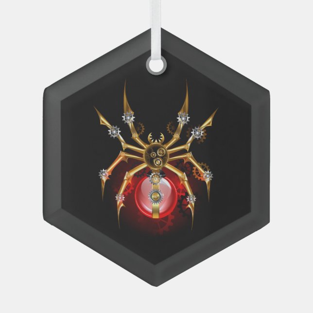 Steampunkspinne auf schwarz ornament aus glas (Vorderseite)