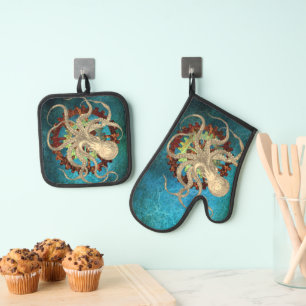 Steampunktopus und Uhrwerk Ofenhandschuh & Topflappen-Set