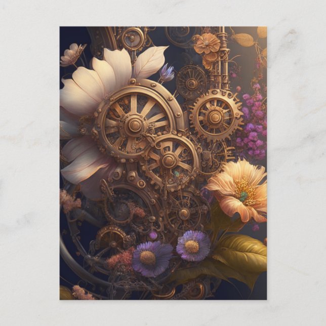 Steampunktür mit violetten Blumen Postkarte (Vorderseite)
