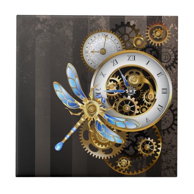 Steampunkuhr mit mechanischem Drachenfliegen Fliese (Vorderseite)