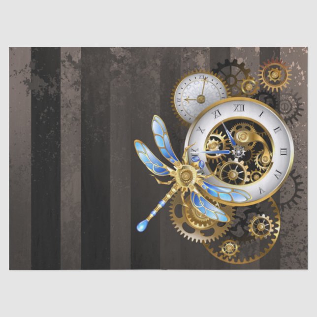 Steampunkuhr mit mechanischem Drachenfliegen Seidenpapier (Vorderseite)