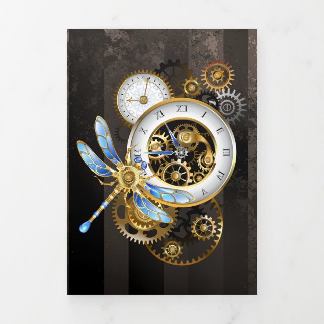 Steampunkuhr mit mechanischer Libelle Dreifach Gefaltete Einladung (Cover)