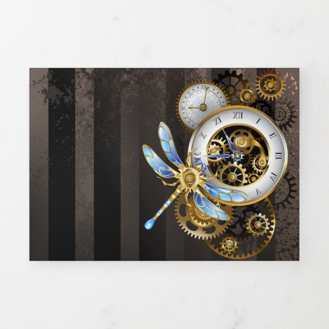 Steampunkuhr mit mechanischer Libelle Dreifach Gefaltete Karte (Cover)