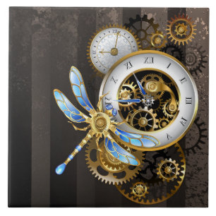 Steampunkuhr mit mechanischer Libelle Fliese