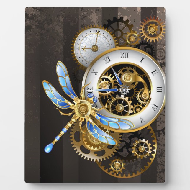 Steampunkuhr mit mechanischer Libelle Fotoplatte (Vorderseite)
