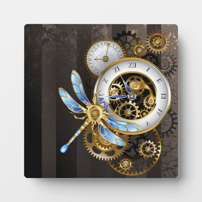 Steampunkuhr mit mechanischer Libelle Fotoplatte (Vorderseite)