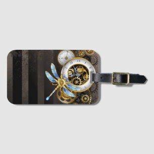 Steampunkuhr mit mechanischer Libelle Gepäckanhänger