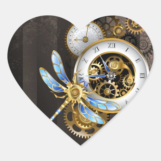 Steampunkuhr mit mechanischer Libelle Herz-Aufkleber (Vorderseite)
