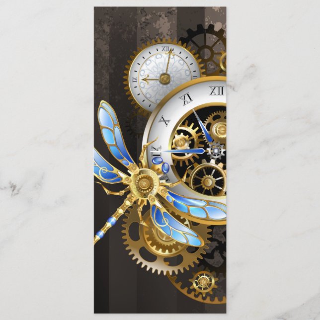 Steampunkuhr mit mechanischer Libelle Hinweiskarte (Vorderseite)