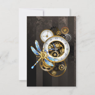 Steampunkuhr mit mechanischer Libelle Hinweiskarte