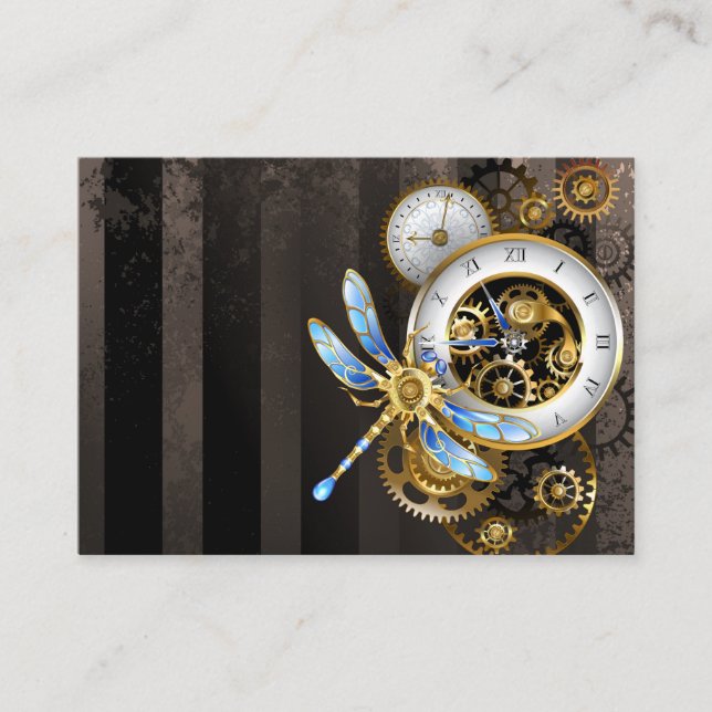 Steampunkuhr mit mechanischer Libelle Hinweiskarte (Vorderseite)