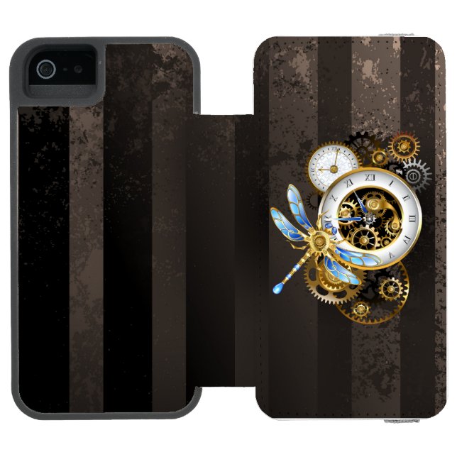 Steampunkuhr mit mechanischer Libelle Incipio iPhone Geldbeutel-Hülle (Folio Geöffnet)