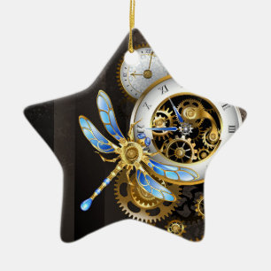 Steampunkuhr mit mechanischer Libelle Keramik Ornament