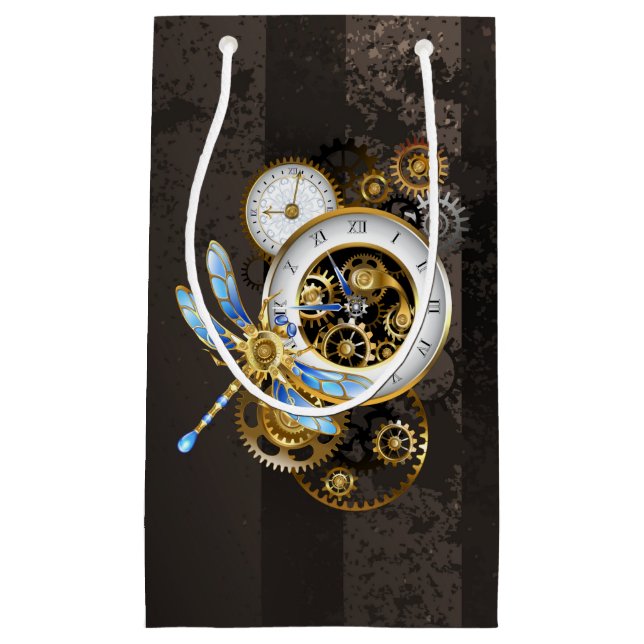 Steampunkuhr mit mechanischer Libelle Kleine Geschenktüte (Vorderseite)