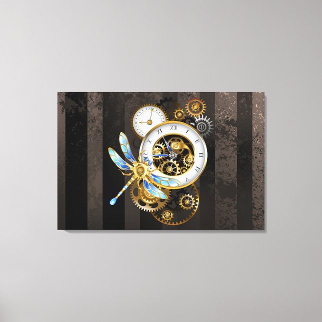 Steampunkuhr mit mechanischer Libelle Leinwanddruck (Vorderseite)
