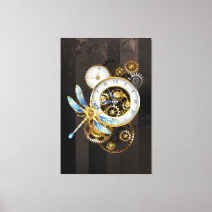 Steampunkuhr mit mechanischer Libelle Leinwanddruck