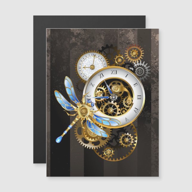 Steampunkuhr mit mechanischer Libelle Magneteinladung (Vorne/Hinten)