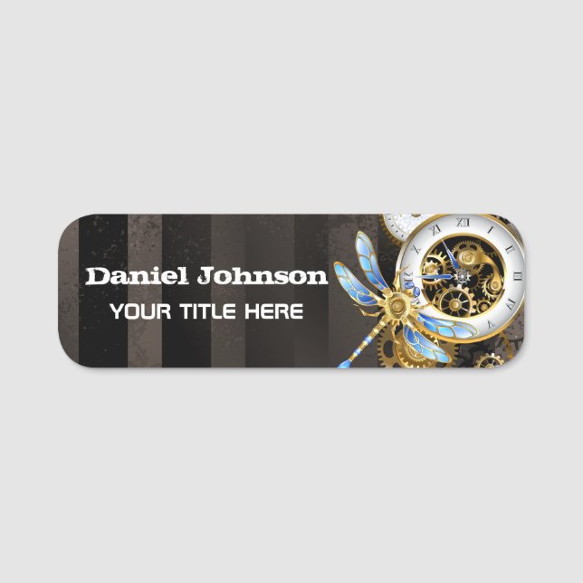 Steampunkuhr mit mechanischer Libelle Namensschild (Vorderseite)