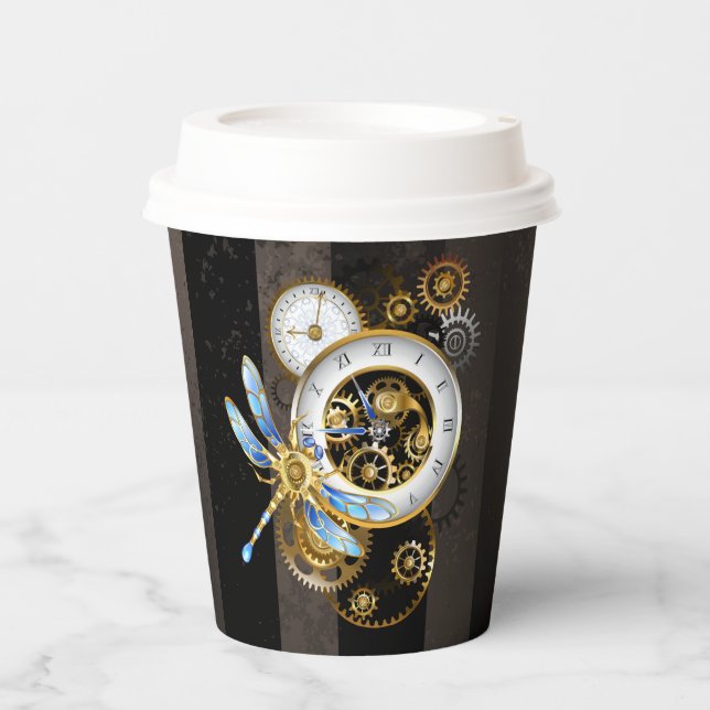 Steampunkuhr mit mechanischer Libelle Pappbecher (Vorderseite)