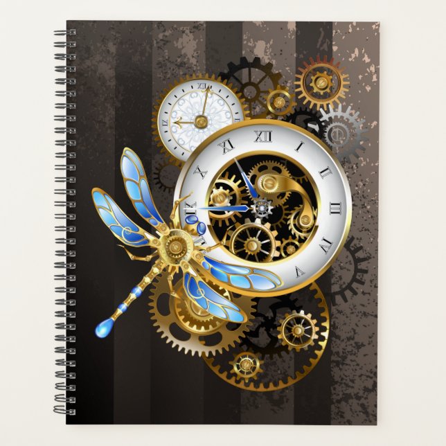 Steampunkuhr mit mechanischer Libelle Planer (Vorderseite)