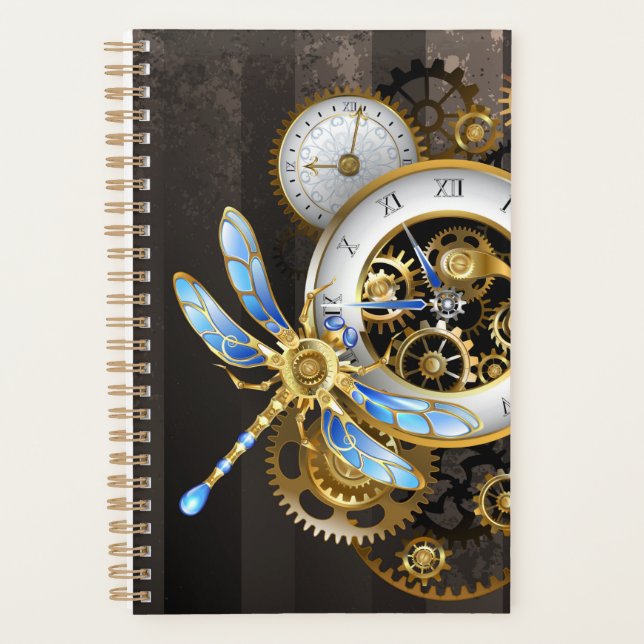 Steampunkuhr mit mechanischer Libelle Planer (Vorderseite)