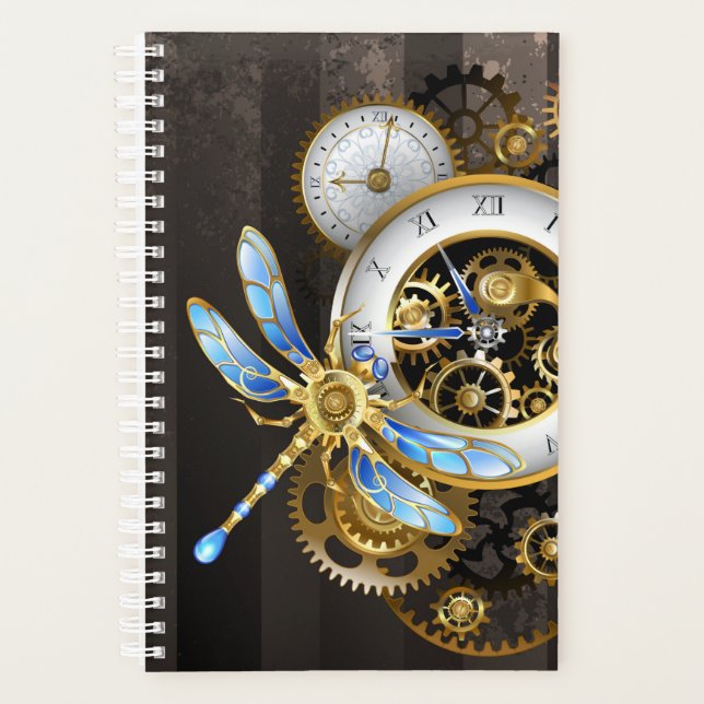 Steampunkuhr mit mechanischer Libelle Planer (Vorderseite)