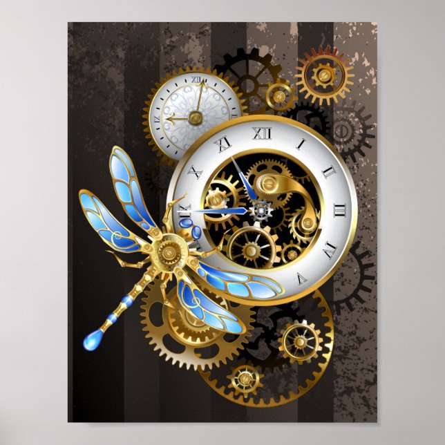 Steampunkuhr mit mechanischer Libelle Poster (Vorne)