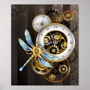 Steampunkuhr mit mechanischer Libelle Poster
