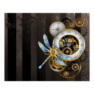 Steampunkuhr mit mechanischer Libelle Poster