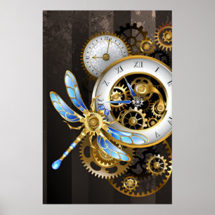 Steampunkuhr mit mechanischer Libelle Poster