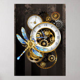 Steampunkuhr mit mechanischer Libelle Poster